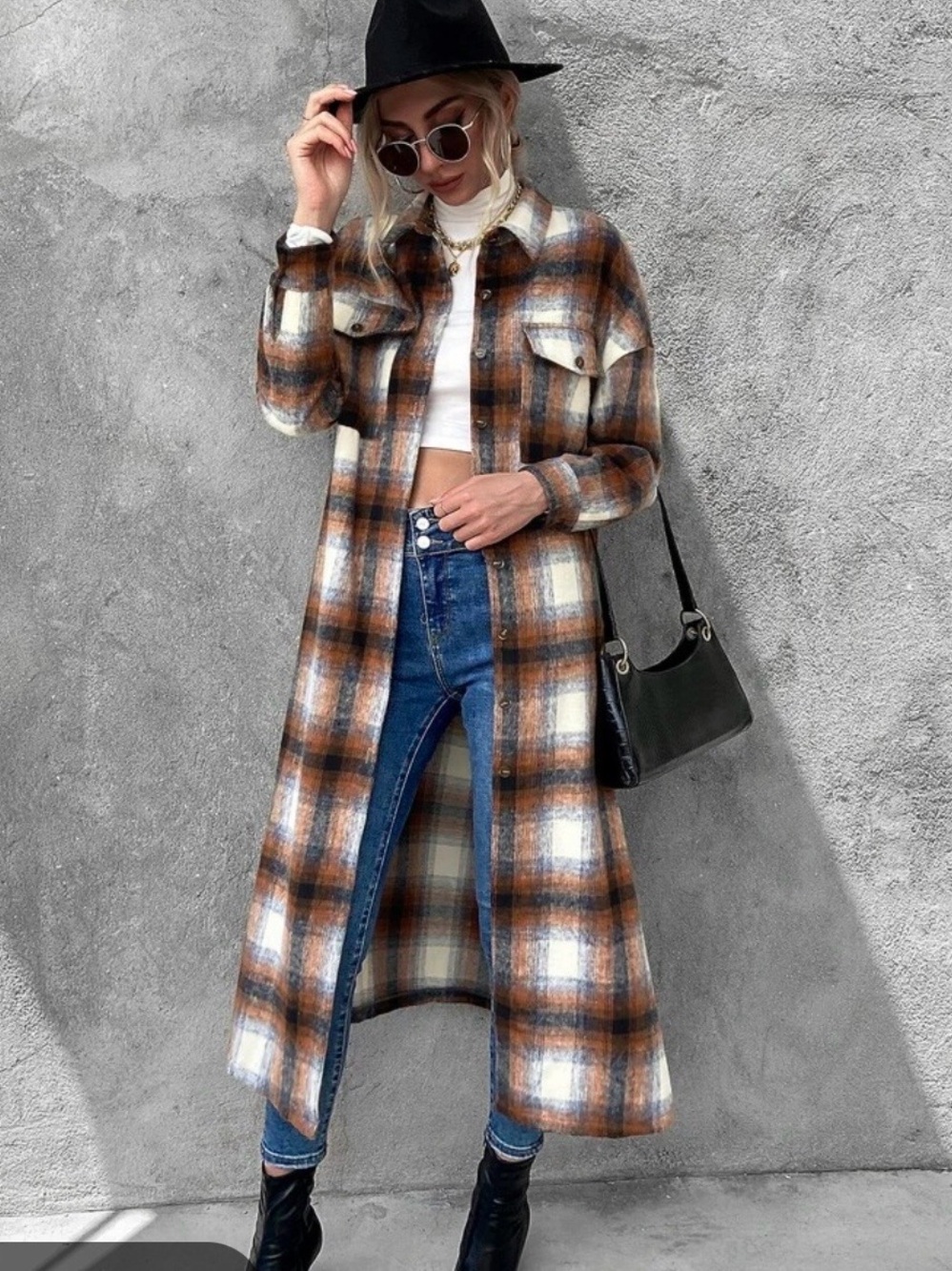 Nasty Gal Brown & Cream Plaid Long Shacket